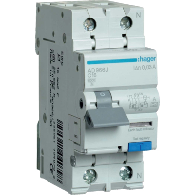 Дифавтомат Hager 1+N С16/30mA 6кА, тип-A AD966J www.bd.in.ua Безпечний Дім
