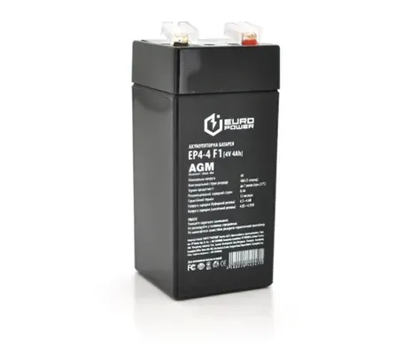 Акумуляторна батарея Europower AGM EP4-4F1 4 V 4 Ah ( 47 x 47 x 100 (105) ) Black Q30 / 2160 www.bd.in.ua Безпечний Дім