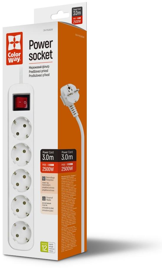 Мережевий фільтр COLORWAY CW-PSEA53W White, 5 розеток, 3м