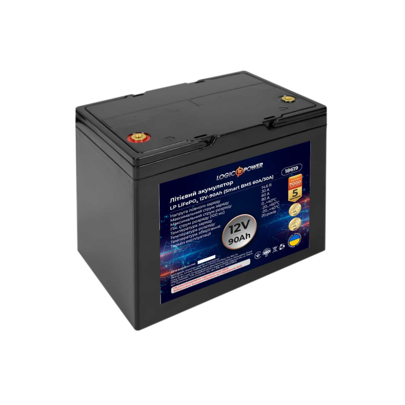 Акумулятор LogicPower LP LiFePO4 12V - 90 Ah (Smart BMS 60A/30А) пластик
