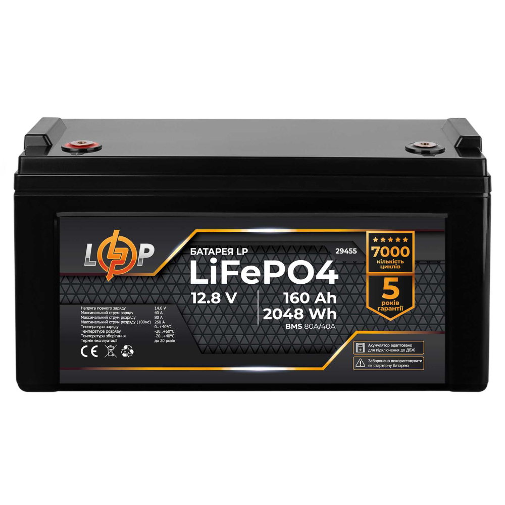 Акумулятор LogicPower LiFePO4 12,8V - 160 Ah (2048Wh) (BMS 80A/40А) пластик для ДБЖ