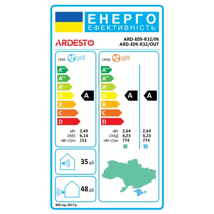 Кондиціонер ARDESTO E09-R32, 25 м2, on/off, A/A, до -7°С, R32