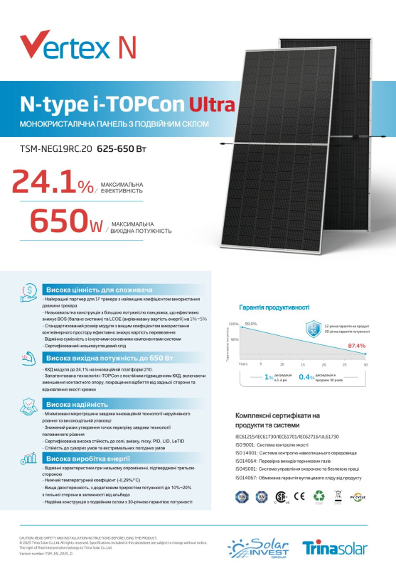 Сонячна панель Trina Solar Vertex 630 Вт TSM-NEG19RC.20