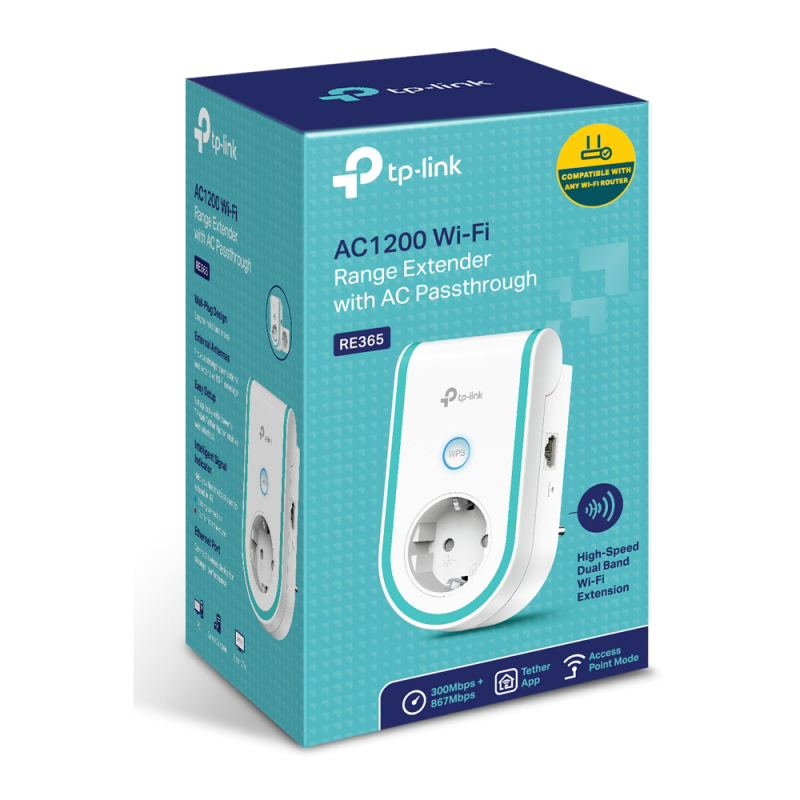 Ретранслятор TP-Link RE365 AC1200б 1хFE LAN, MESH, розетка