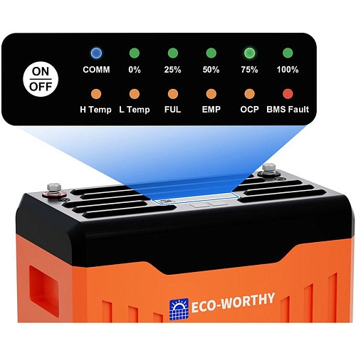 Акумуляторна батарея Eco-Worthy 25,6V 100Ah,(100 / 100A), 0&deg;C до 60&deg;C, індикатор заряду, винт M8, 414*215*260 мм. 18 кг